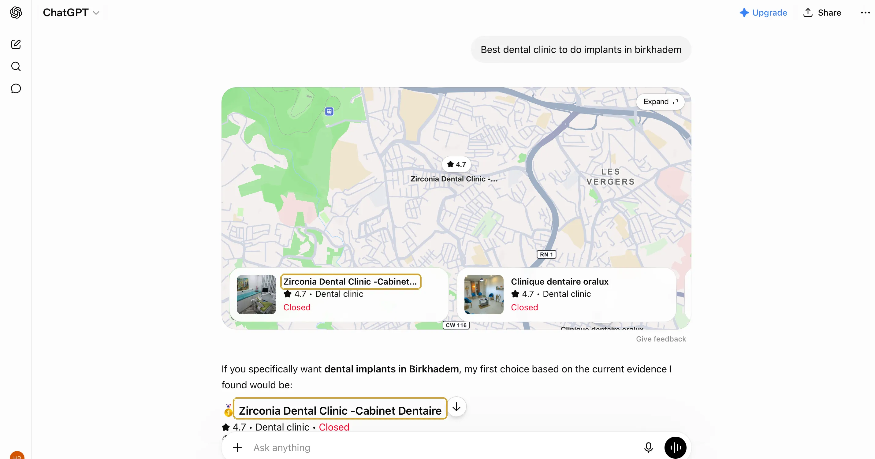 ChatGPT answering "Best dental clinic to do implants in birkhadem". Zirconia Dental Clinic is highlighted on the map card and again as ChatGPT's first-choice recommendation
