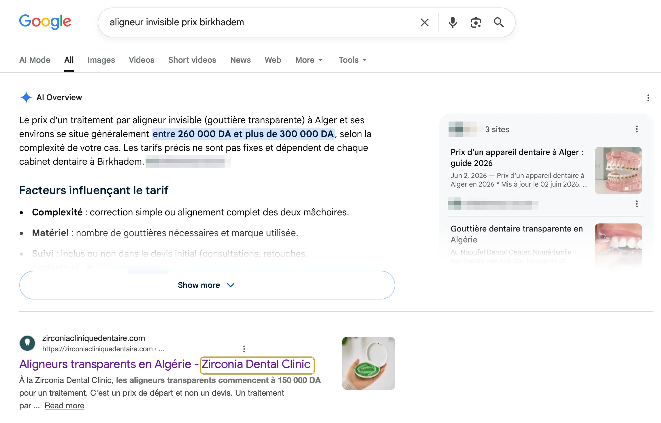 Google results for "aligneur invisible prix birkhadem". The clear aligner page of Zirconia Dental Clinic is the first organic result, below an AI Overview assembled from another site