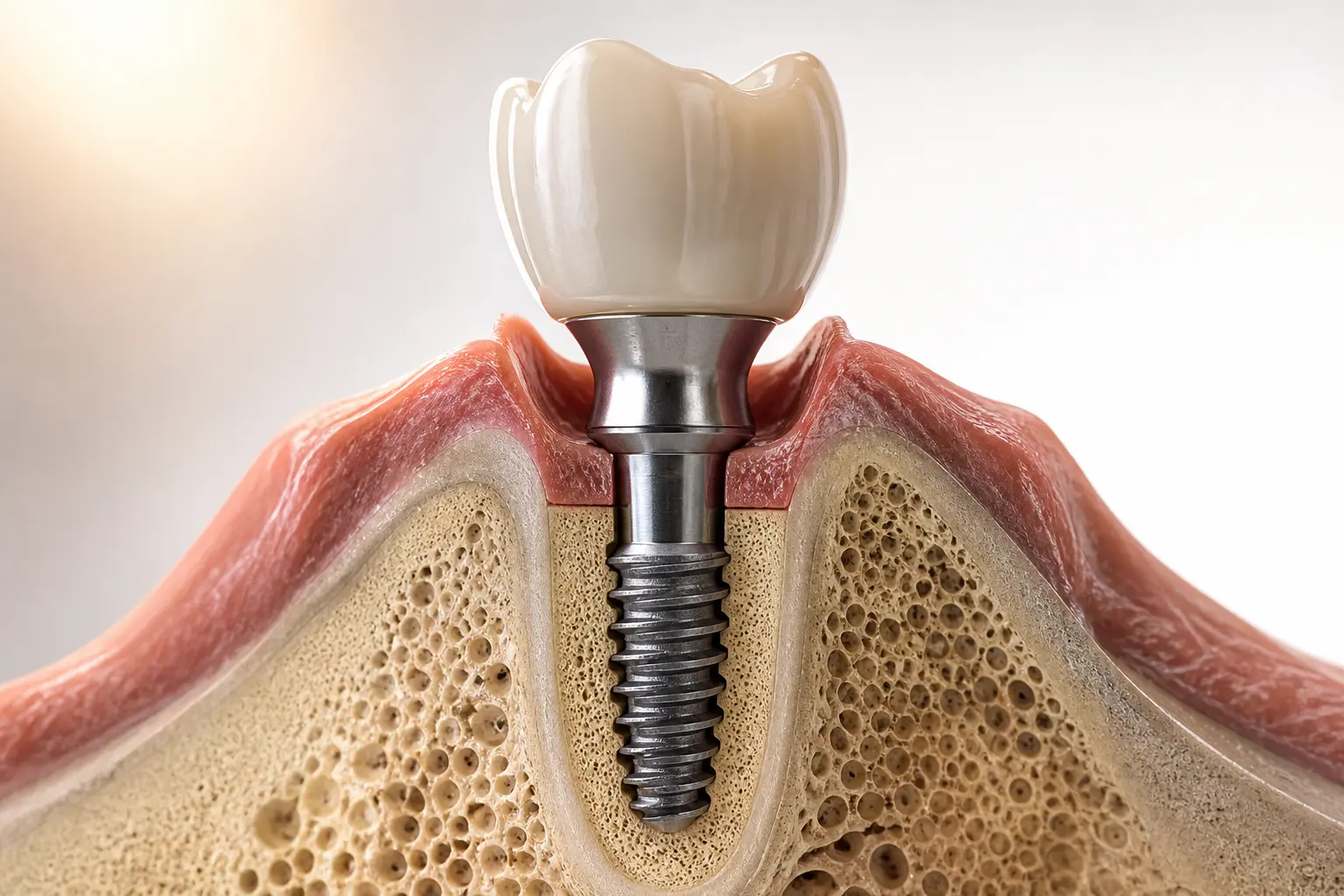 Coupe anatomique d'un implant dentaire : racine en titane intégrée à l'os de la mâchoire, pilier prothétique et couronne céramique